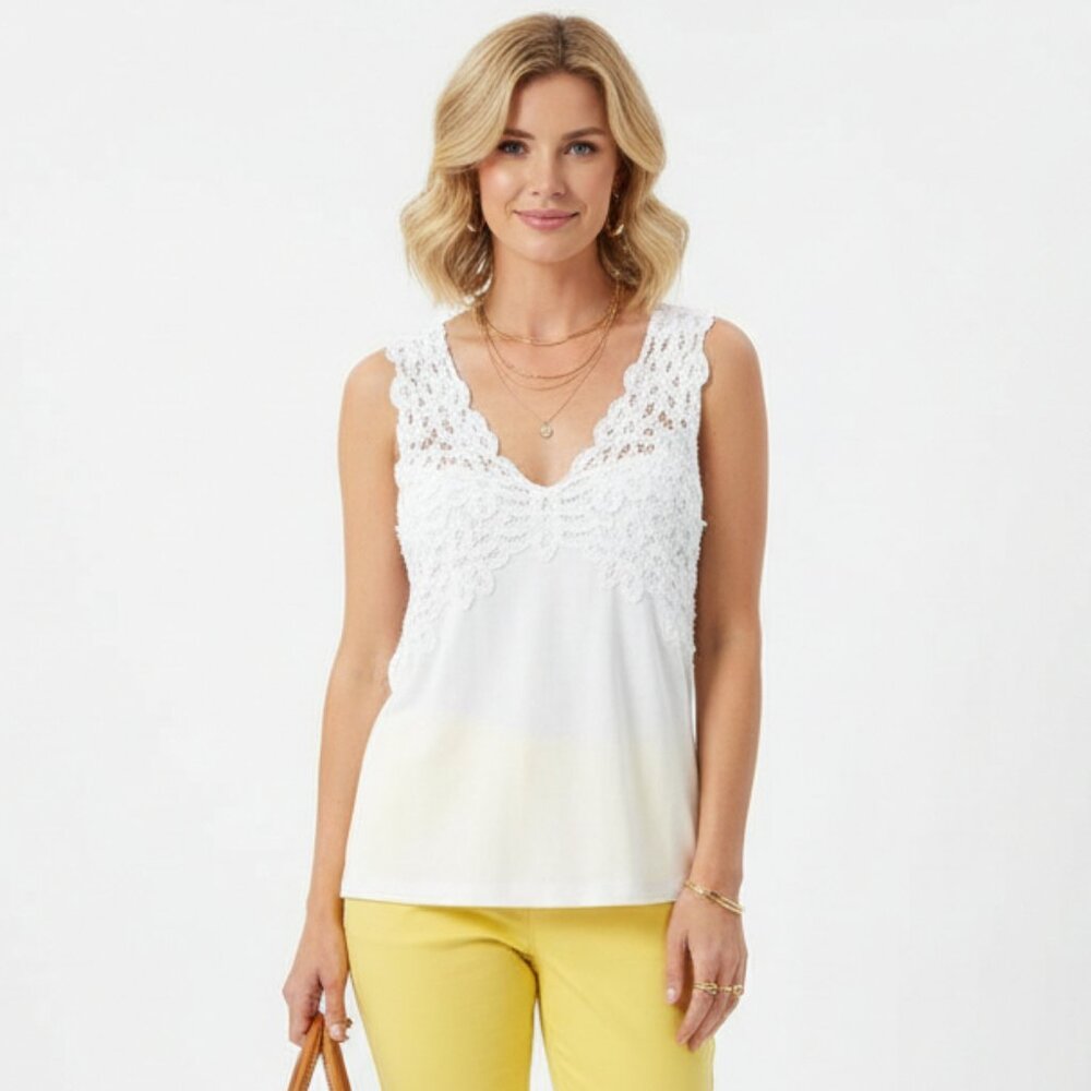 Newport News White Crochet Lace Bodice Sleeveless Cotton Tank Top 8